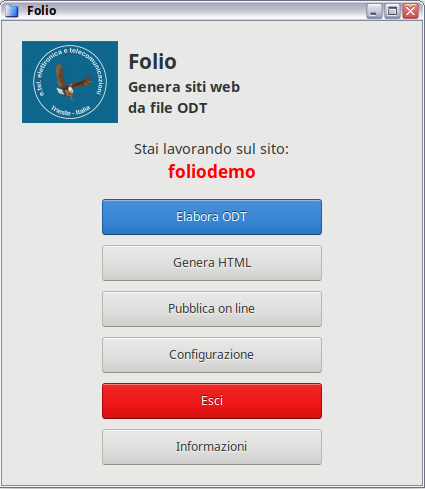 Folio ha una interfaccia facile ed intuitiva: 3 pulsanti uno per ogni funzione - elabora i file di testo che hai preparato, genera il codice HTML relativo, pubblica le tue pagine sul domino e sei subito online