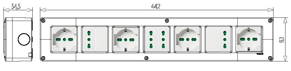 Esempio di multipresa industriale componibile a 14 moduli con ogni presa controllabile da remoto via internet / intranet mediante interfaccia web. A richiesta, ogni presa può essere dotata di timer con due intervalli giornalieri di accensione e spegnimento programmabili. Il montaggio puo' avvenire a muro, oppure volante con cavo.